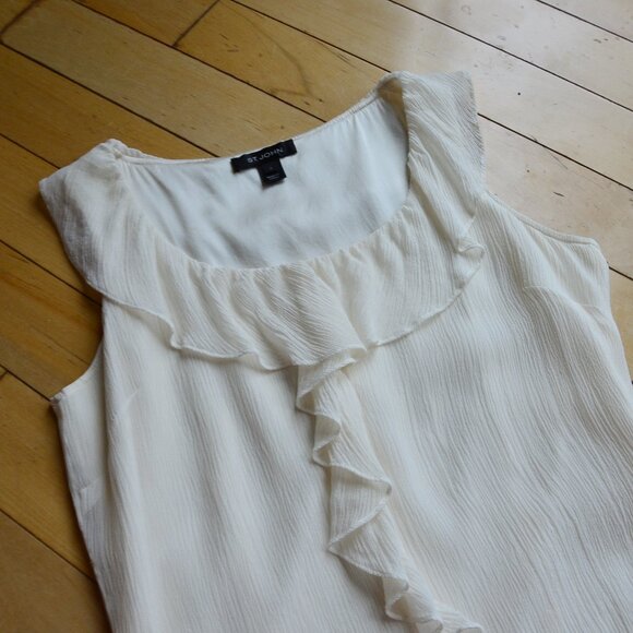 St. John Ruffle Front Silk Top Size P XS Offwhite Women - Picture 3 of 11
